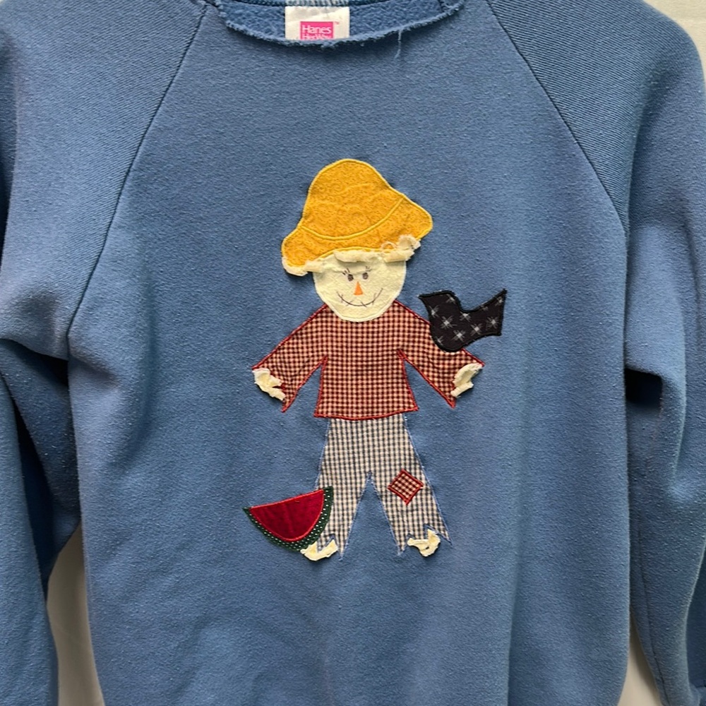 Hanes Blue Sweatshirt with Handmade  Scarecrow Addition Design